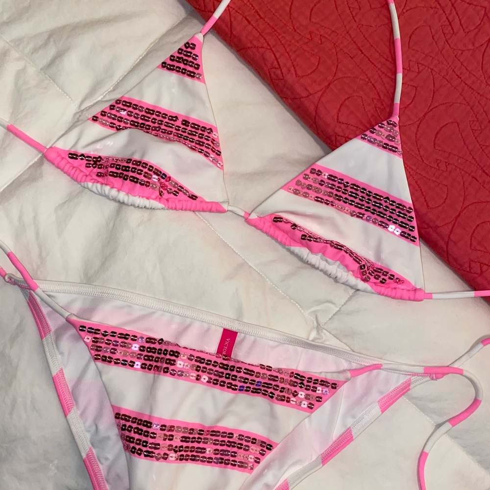 VS Pink Striped/Sequence Bikini Set